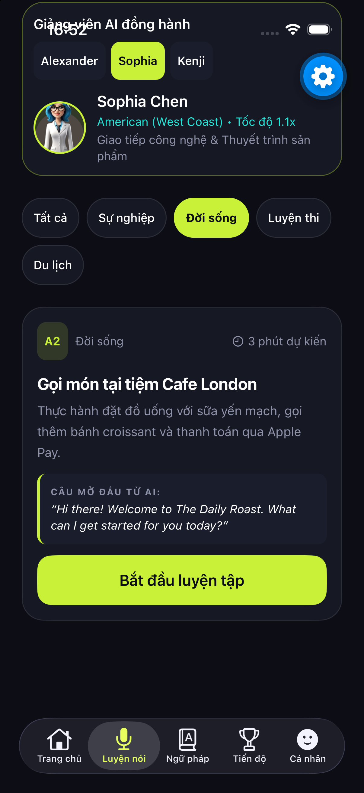Màn hình chọn chủ đề Learning Language AI